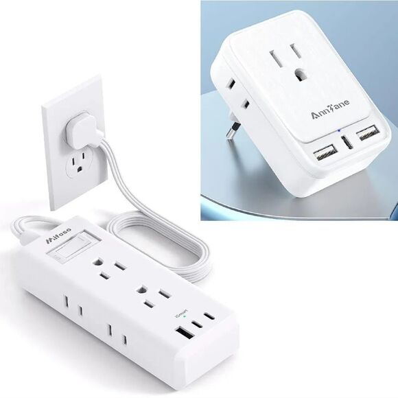 Travel 5 Foot 9 in 1 Power Strip And Type C Plug Adapter Cruise Bundle - Picture 1 of 16